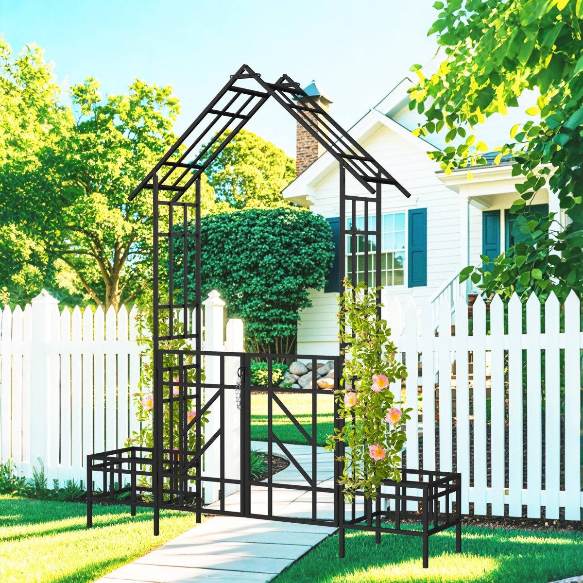 Metal Garden Arch with Gate with planter W80.71*H97.24 Climbing Plants Support Rose Arch Outdoor Black - HomeDIYer