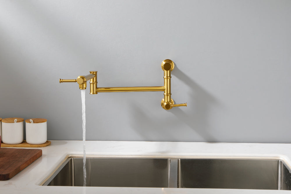 Wall Mounted Pot Filler Faucet โ Brushed Gold, Two-Attachment Folding Swing Arm, Dual Handle, Solid Brass