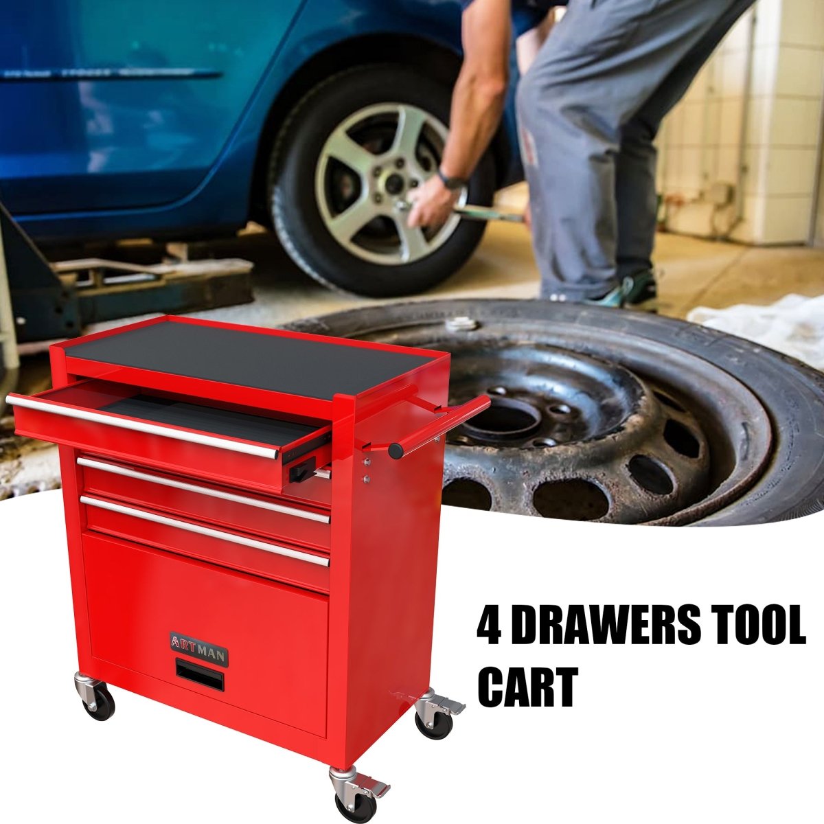 4 Drawers Multifunctional Red Tool Cart With Wheels - HomeDIYer
