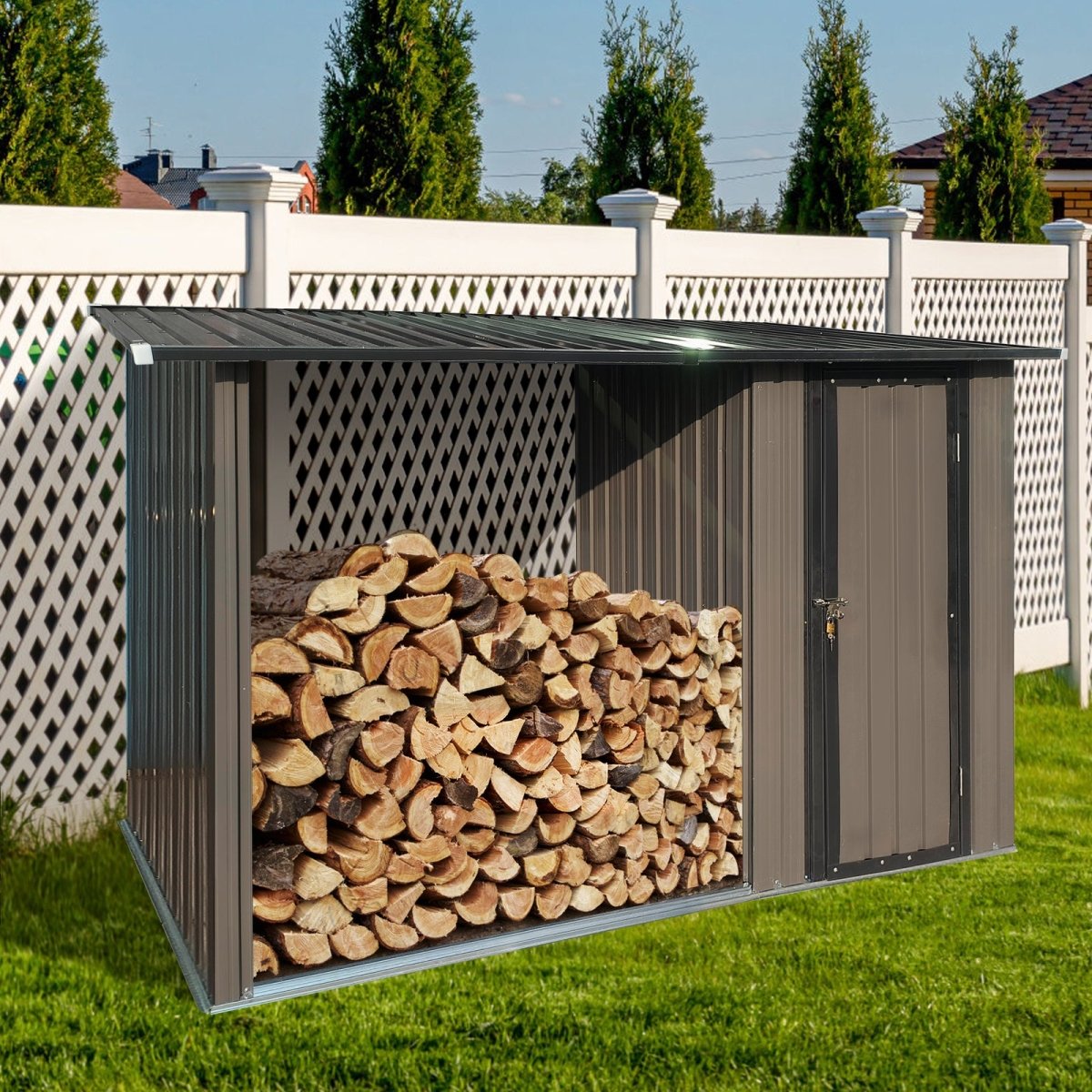 Outdoor Metal Firewood Rack and Storage Shed, Brown and Black,Two - in - one function - HomeDIYer