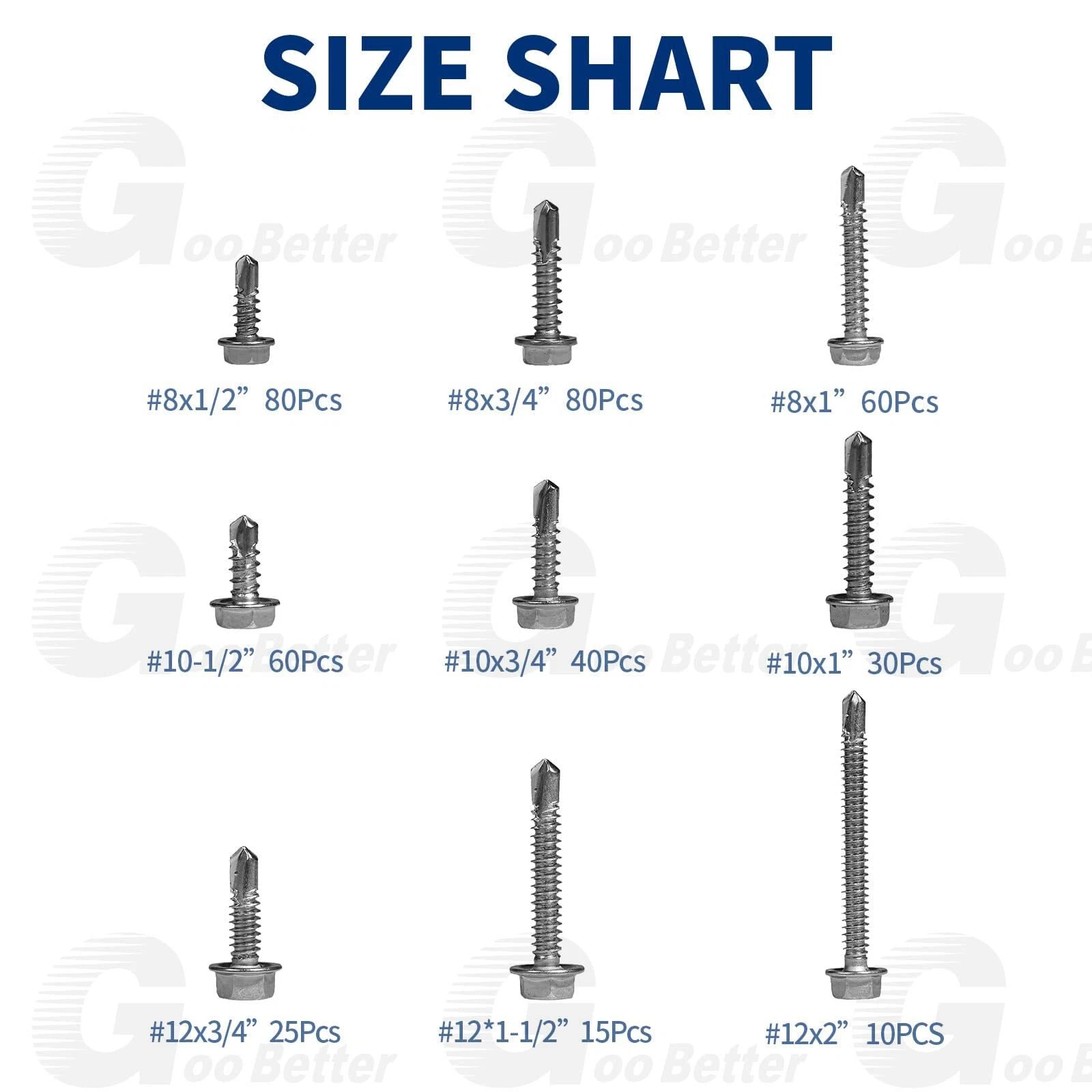 400pc #8 #10 #12 Hex Washer Self-Drilling Tek Screws – 410 Stainless Steel Kit