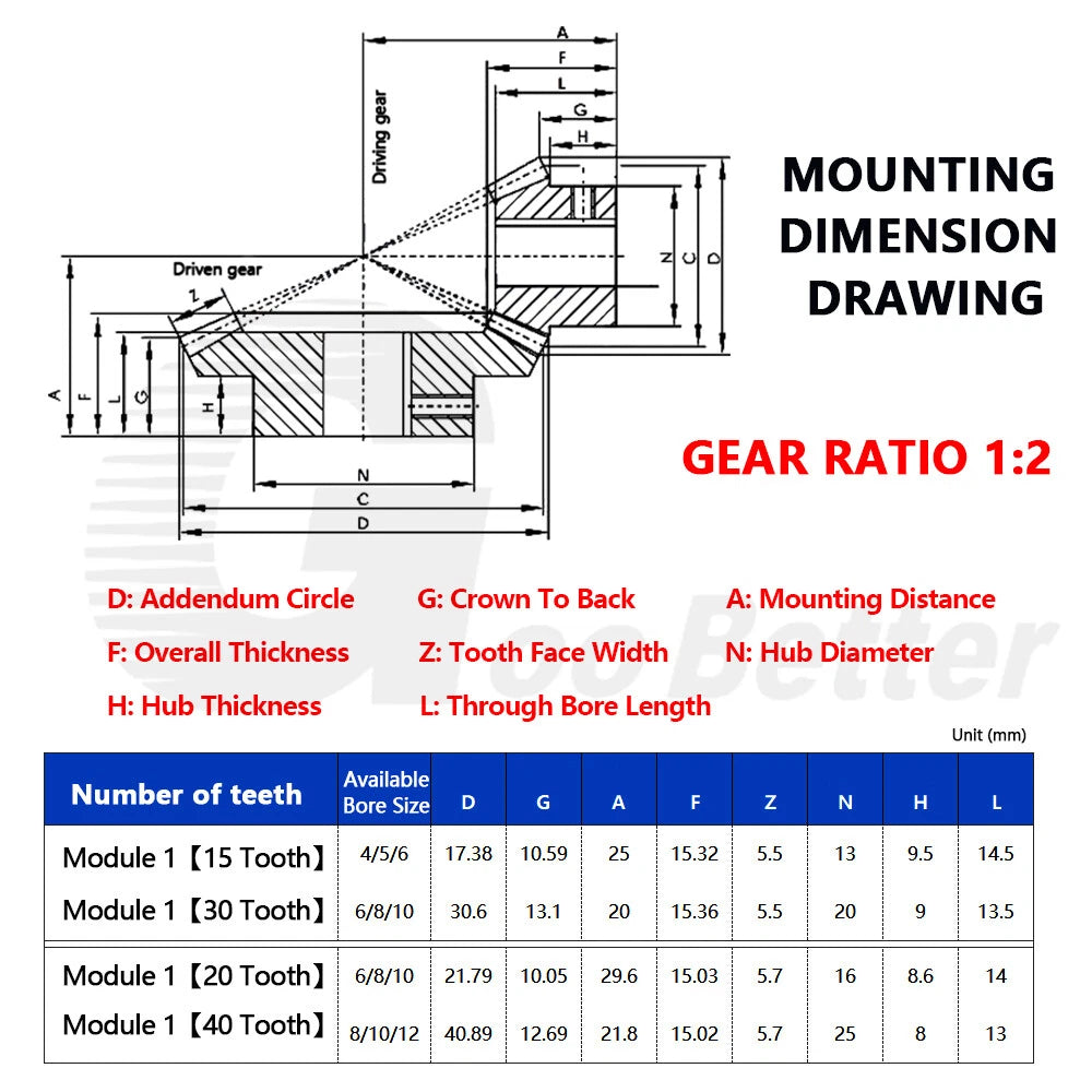 Bevel Gear Module 1 Brass 15/20/30/40 Tooth 90° 1:2 Pairing Miter Gear Precision