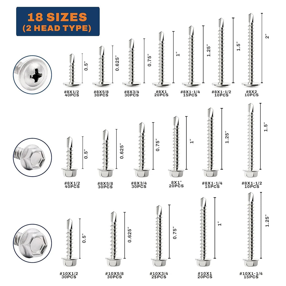 420‑Piece #8 #10 Self‑Drilling Tek Screws – 410 Stainless Steel, Hex‑Washer & Wafer Head