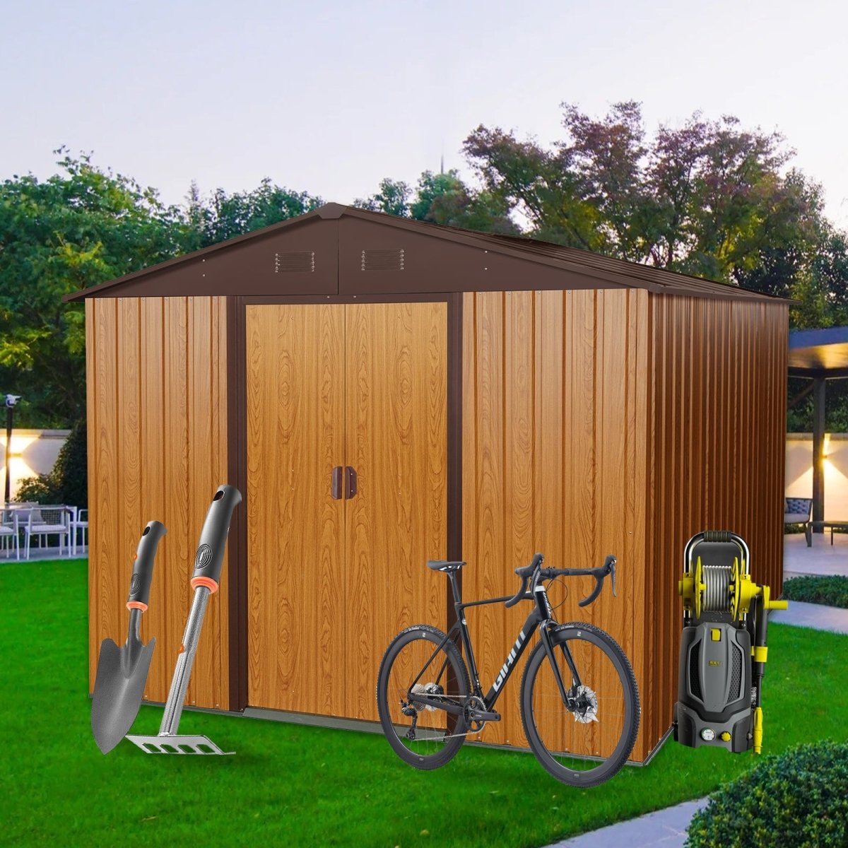 8ft x 10ft Outdoor Metal Storage Shed with Metal Foundation,Coffee - HomeDIYer