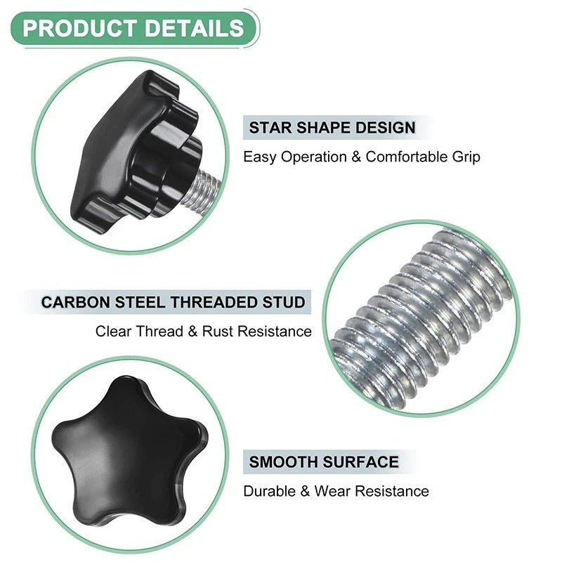 M10 Plastic Five‑Star Thumb Screws – Hand Clamping Knob Bolts, 25‑80mm Lengths (Black) - HomeDIYer