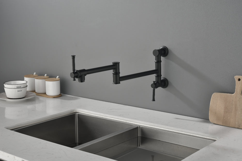 Wall Mounted Pot Filler Faucet – Matte Black, Two-Attachment Folding Swing Arm, Dual Handle, Solid Brass