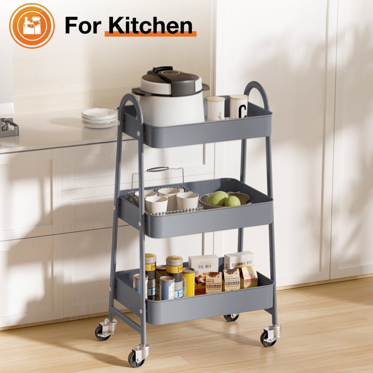 Gray 3 Tier Small Rolling Cart, Metal Utility Storage Organizer Kitchen Trolley Bathroom Laundry Room Bar Office Shelves - HomeDIYer