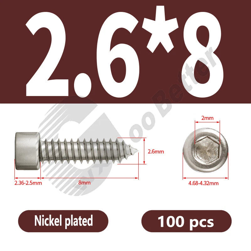 M1.7 M2 M2.3 M2.6 M3 M3.5 M4 M5 M6 Socket Head Self‑Tapping Screws – Alloy Steel, Nickel or Black Zinc