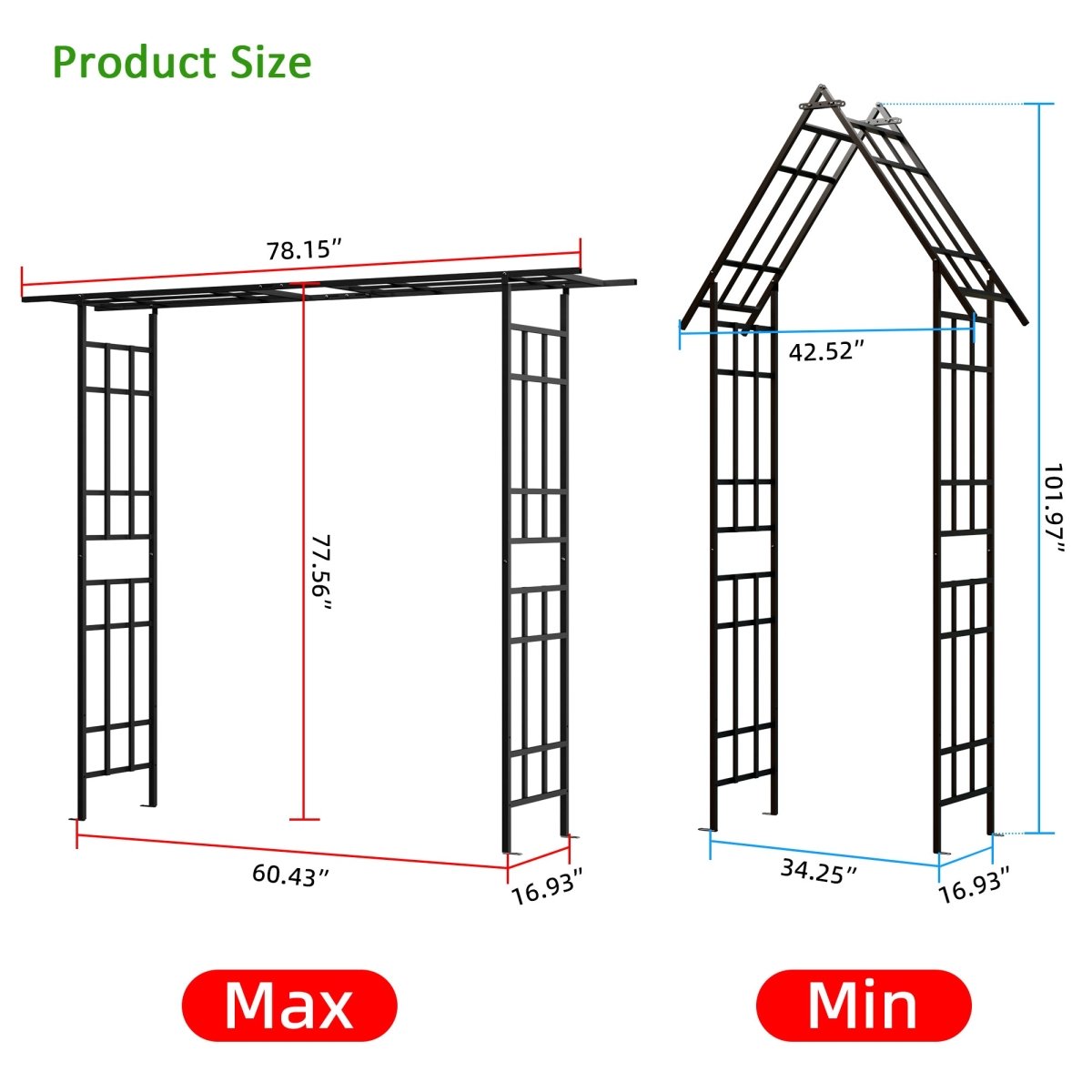 Metal Garden Arch with Adjustable Width W42.52''~W78.15'' Climbing Plants Support Rose Arch Outdoor Black - HomeDIYer