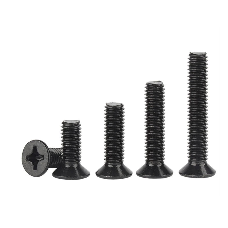 Black Countersunk Phillips Machine Screws – M2 & M2.5, A2 Stainless Steel, Fully Threaded (3–60mm Overall Length)
