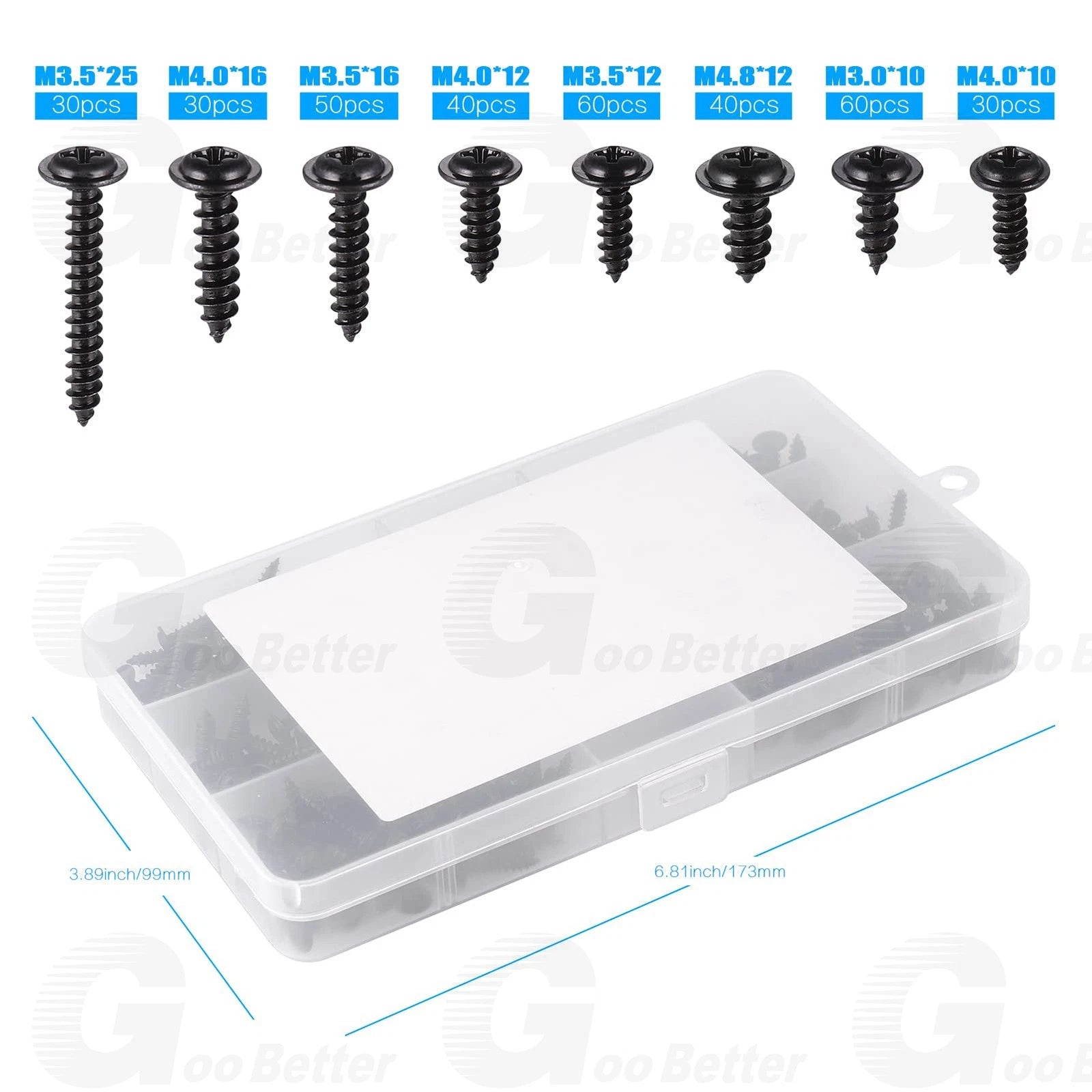 340pcs Phillips Pan Head Self Tapping Screws Kit – M3 M3.5 M4 M4.8, Black Carbon Steel