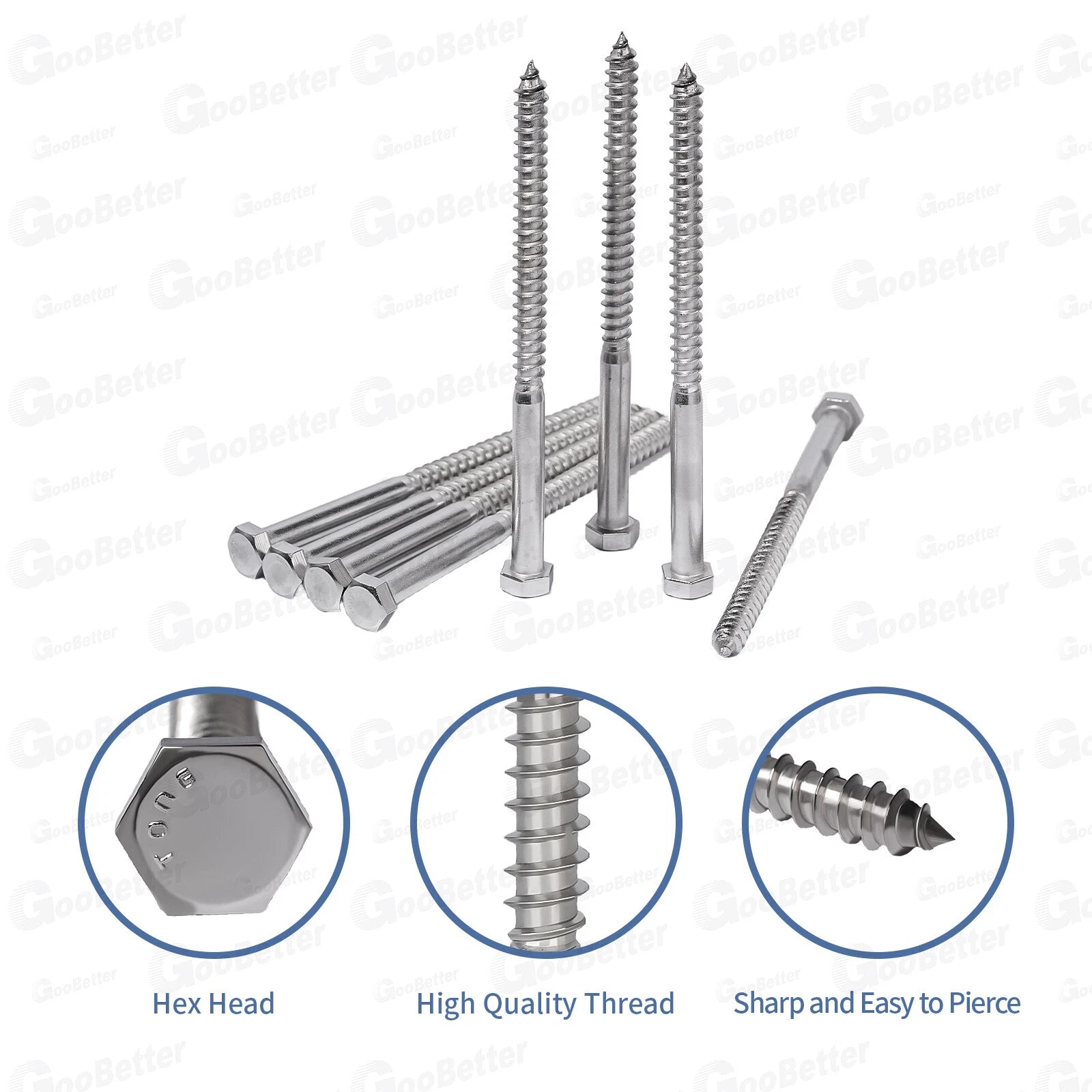 20PCS Hex Head 3/8-16x6" Lag Bolts Stainless Steel Wood Screws Hex Head Screws