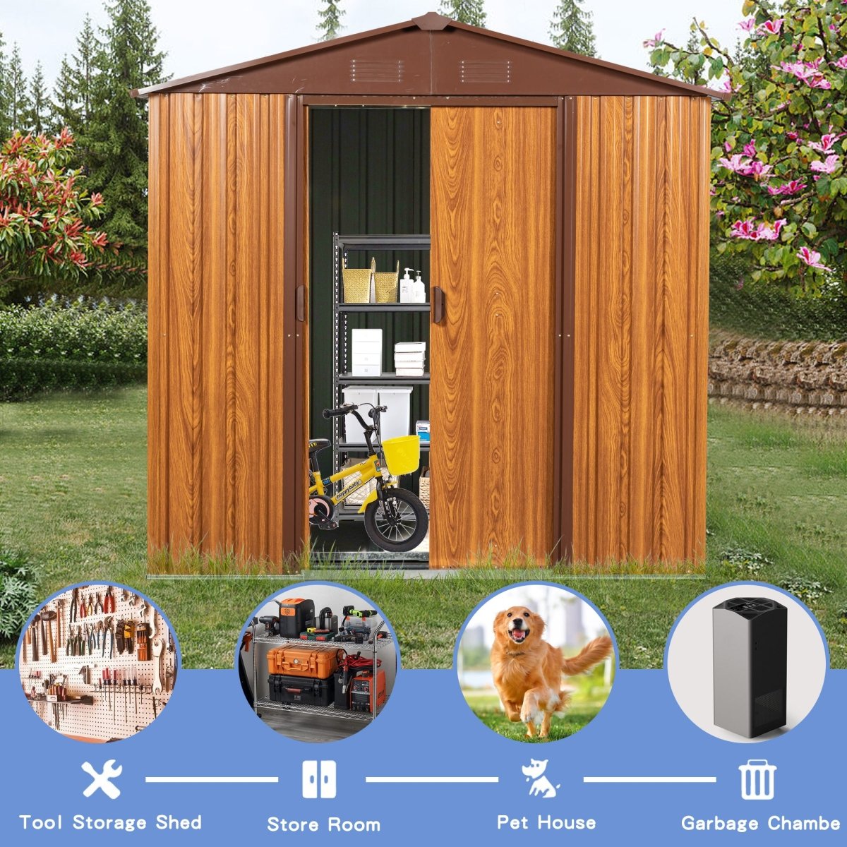 6 Ft. W X 6 Ft. D Metal Storage Shed Appealing horizontal siding in woodgrain with coffee trim to complement - HomeDIYer
