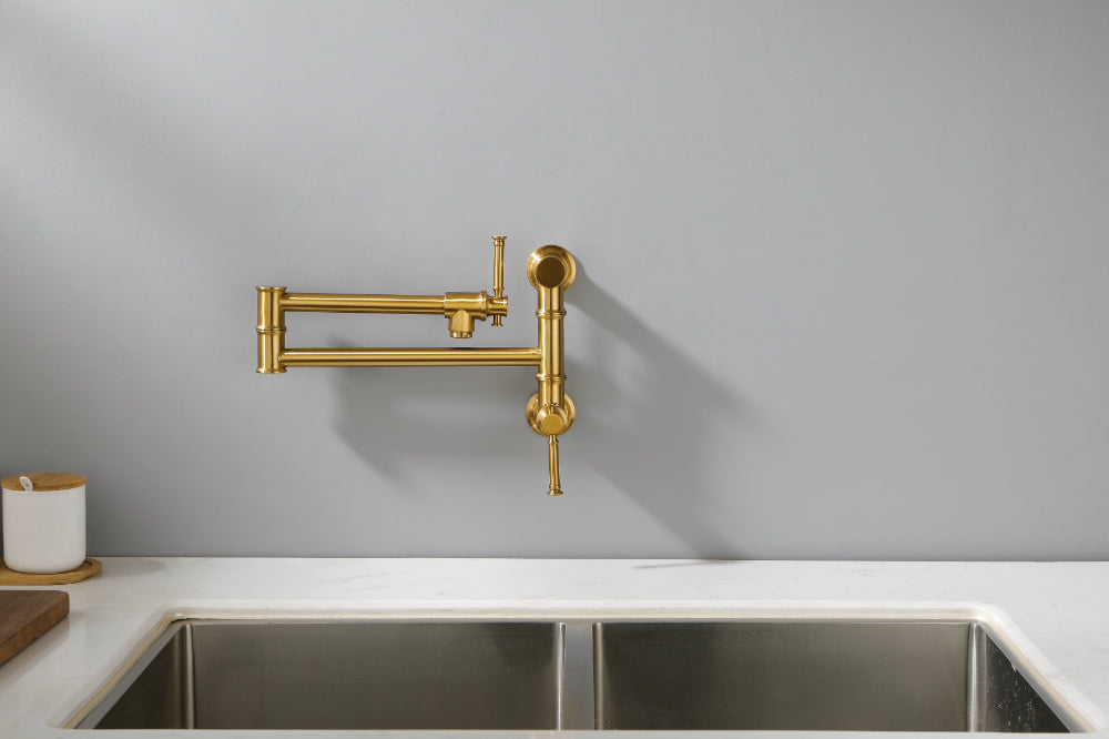 Wall Mounted Pot Filler Faucet โ Brushed Gold, Two-Attachment Folding Swing Arm, Dual Handle, Solid Brass
