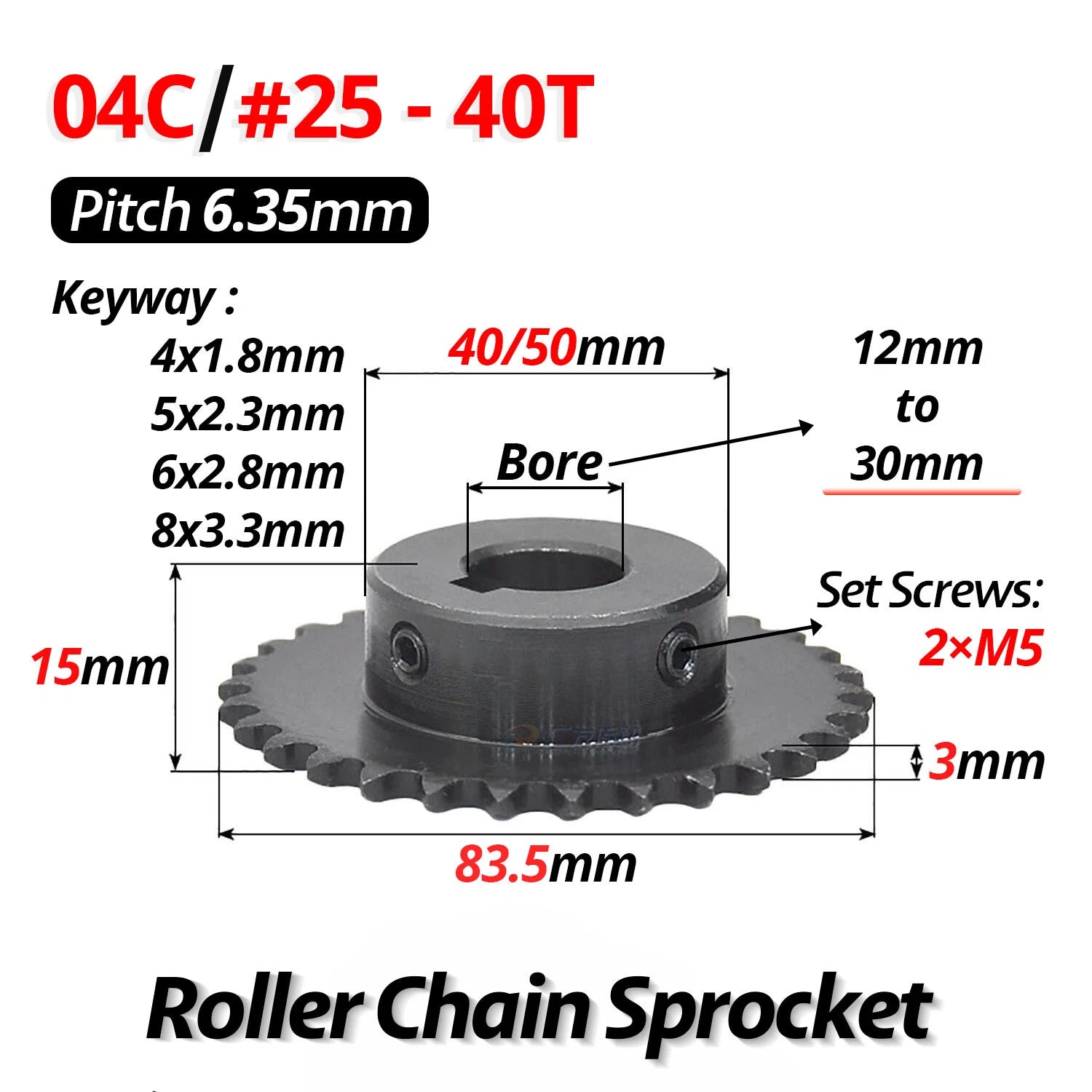 #25 Roller Chain Sprocket 04C 40T Tooth Bore 8mm-30mm Pitch 6.35mm (1/4 inch)