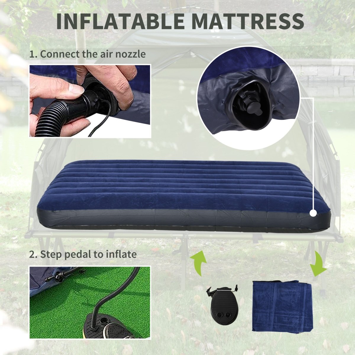2 Person Foldable Camping Cot with Tent, Bedspread and Thick Air Mattress, 4 - In - 1 Elevated Camping Bed Tent for Outdoor Hiking, Picnic, Travel - HomeDIYer