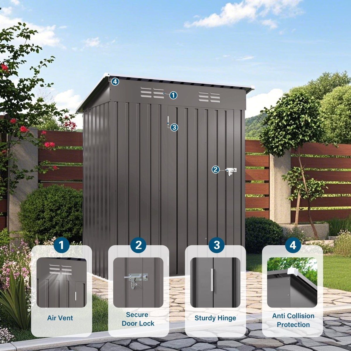 5X3 FT Metal Outdoor Storage Shed, Tool Shed with Pitched Roof and Lockable Door Compact Metal Tool Shed for Garden, Backyard, Patio, Everyday Sundries and Bike Storage, Gray - HomeDIYer