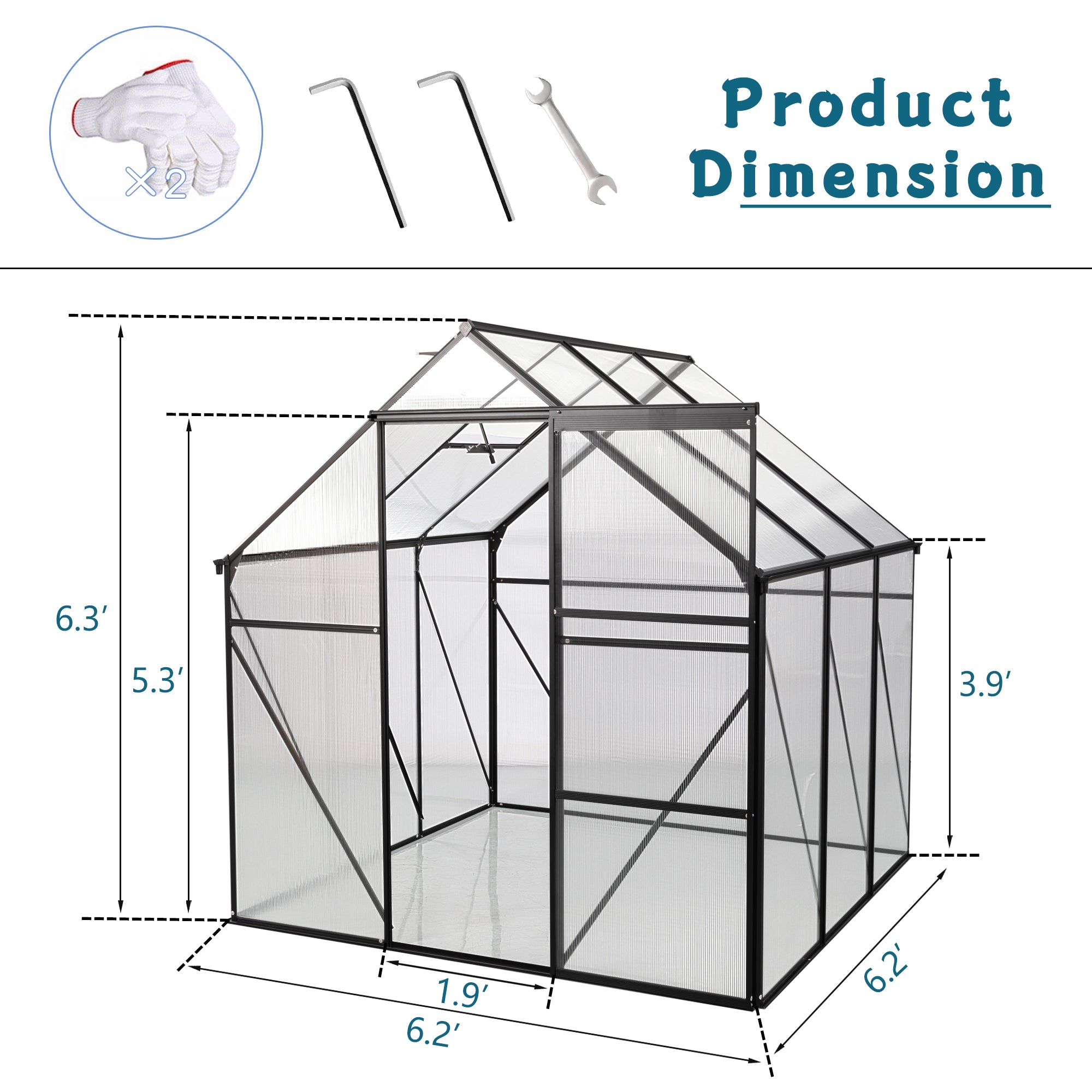 6X6FT-BLACK Polycarbonate Greenhouse Raised Base and Anchor Aluminum Heavy Duty Walk-in Greenhouses for Outdoor Backyard in All Season