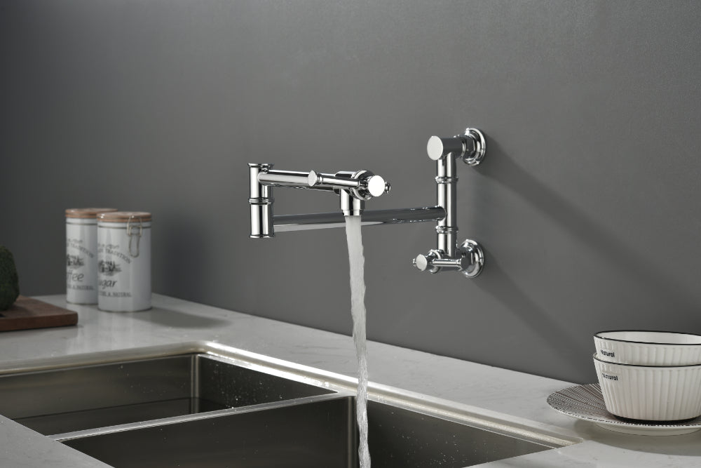 Wall Mounted Pot Filler Faucet – Chrome, Two-Attachment Folding Swing Arm, Dual Handle, Solid Brass