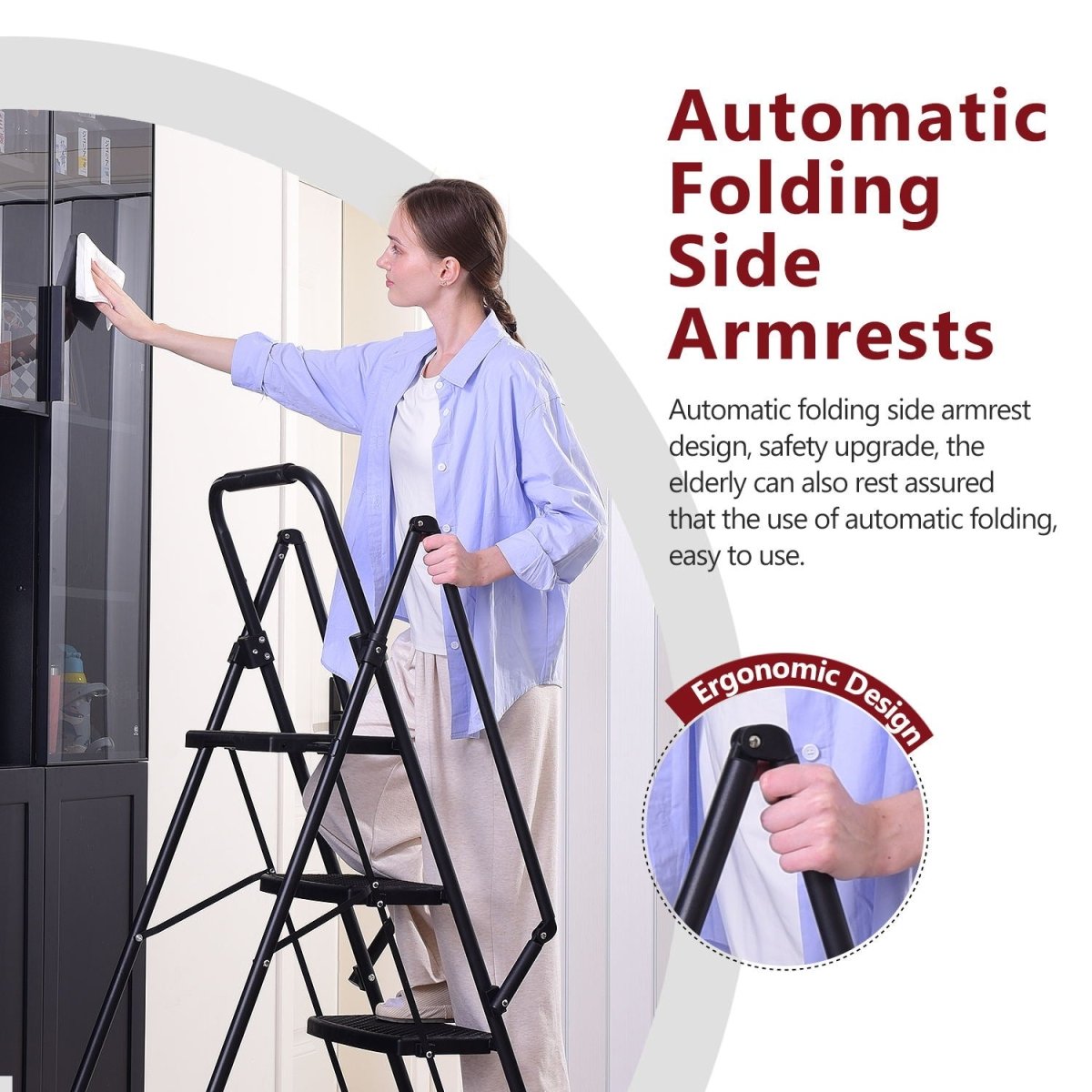 5 - step ladder, folding ladder stool, with anti slip wide pedals, steel ladder, with safety anti slip handle, lightweight 300 pound portable steel ladder stool in black - HomeDIYer