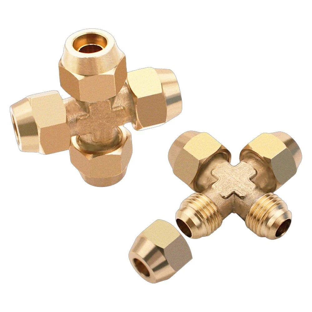 Brass Compression Cross Fitting 4-Way Flared Connector — 6mm & 8mm