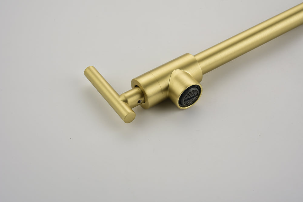 3-Handle Wall Mounted Pot Filler Faucet โ Brushed Gold, Swing Arm, Hot & Cold Water, Solid Brass