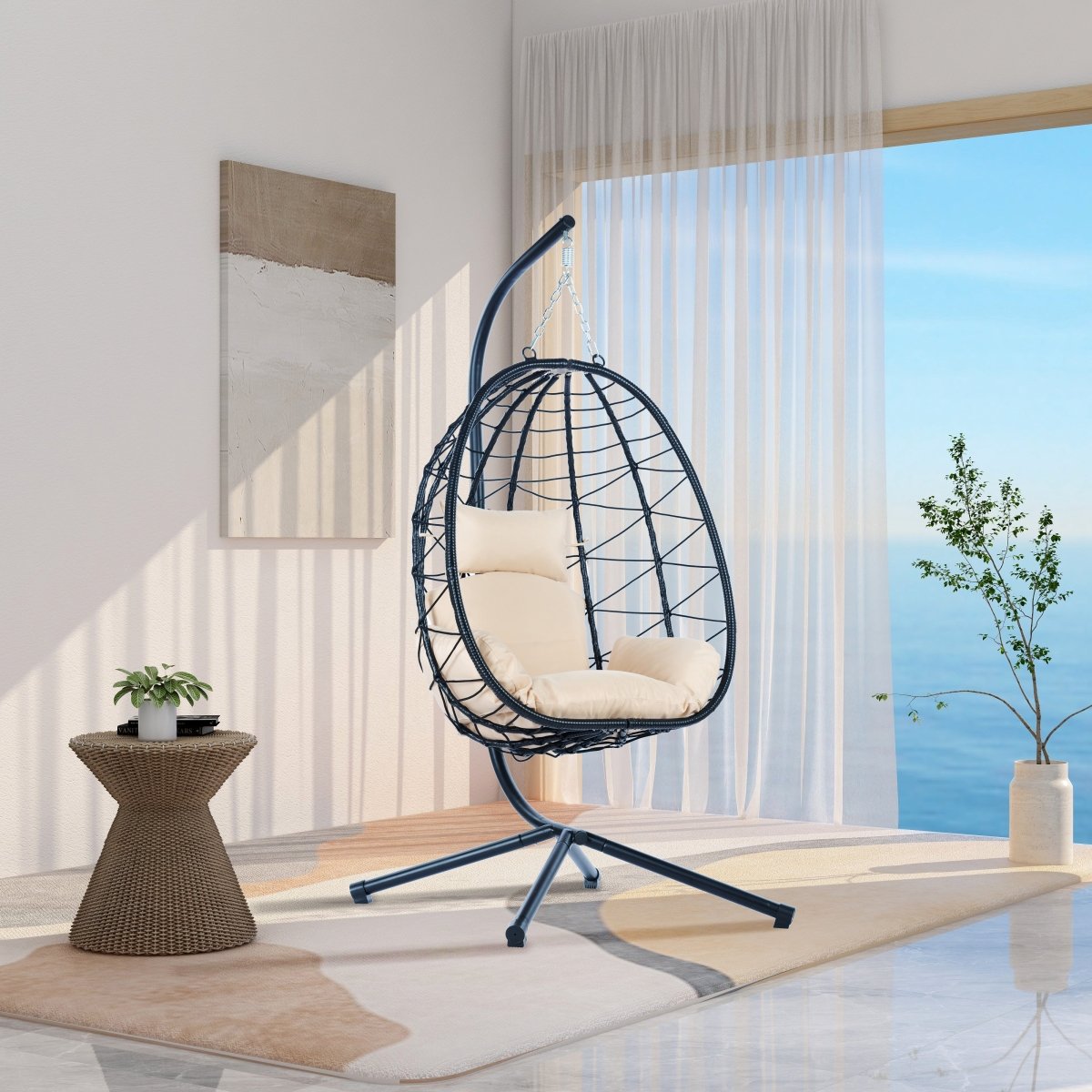 Egg Chair with Stand - All - Weather Hanging Wicker Chair for Indoor/Outdoor - HomeDIYer