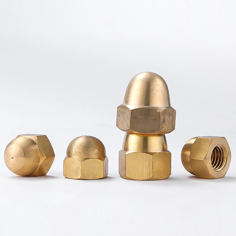 Solid Brass Cap Nuts M3–M20 – Hex Acorn Dome Cover Nuts, Untreated Natural Finish