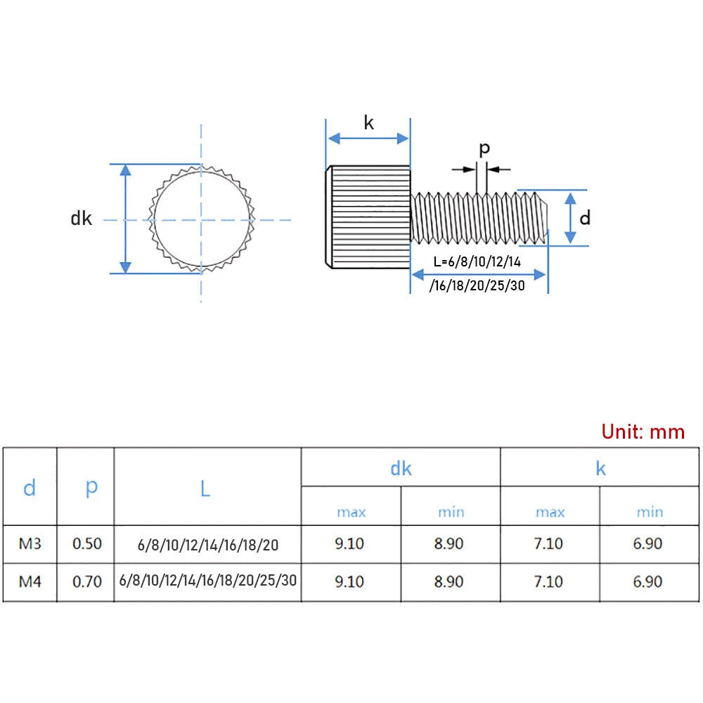 M3 M4 303 Stainless Steel Thumb Screws Knurled Head Manual Adjustment Screw Bolt