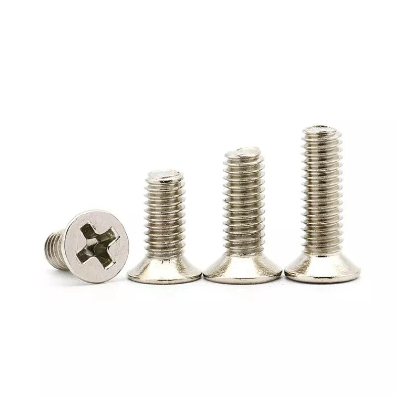 M1–M2.5 Countersunk Phillips Machine Screws – Nickel Plated Steel, Fully Threaded (Overall Length Includes Head)