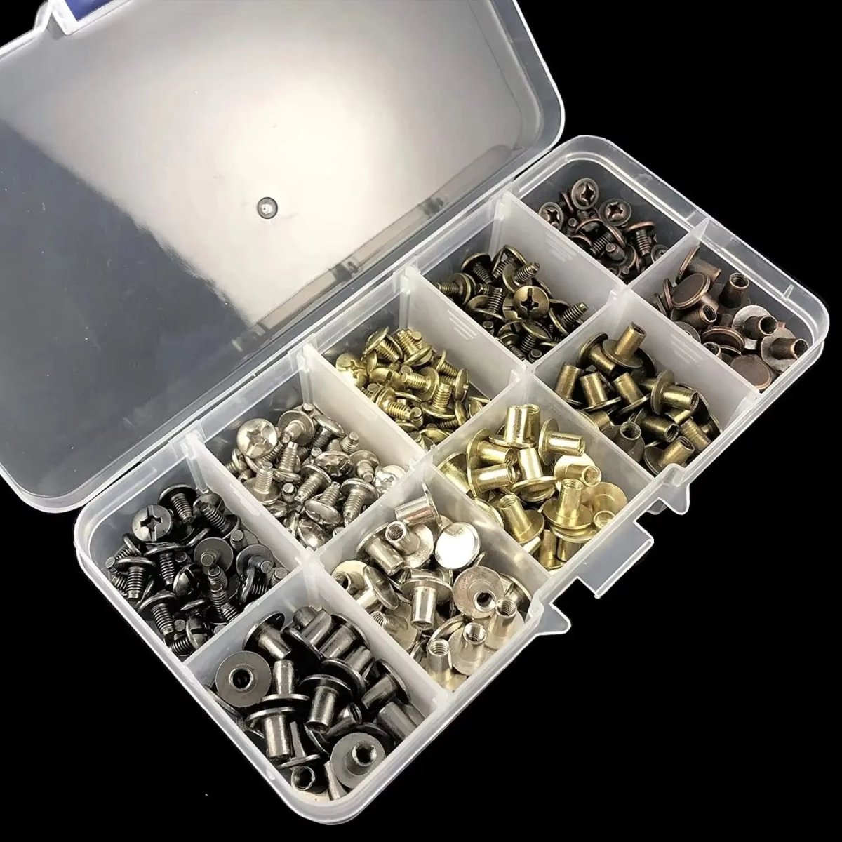 150 Sets Round Flat Head Screws Buttons Metal Screwback Studs Rivets for Leather Crafting 8MM (Mixed in Box) - HomeDIYer