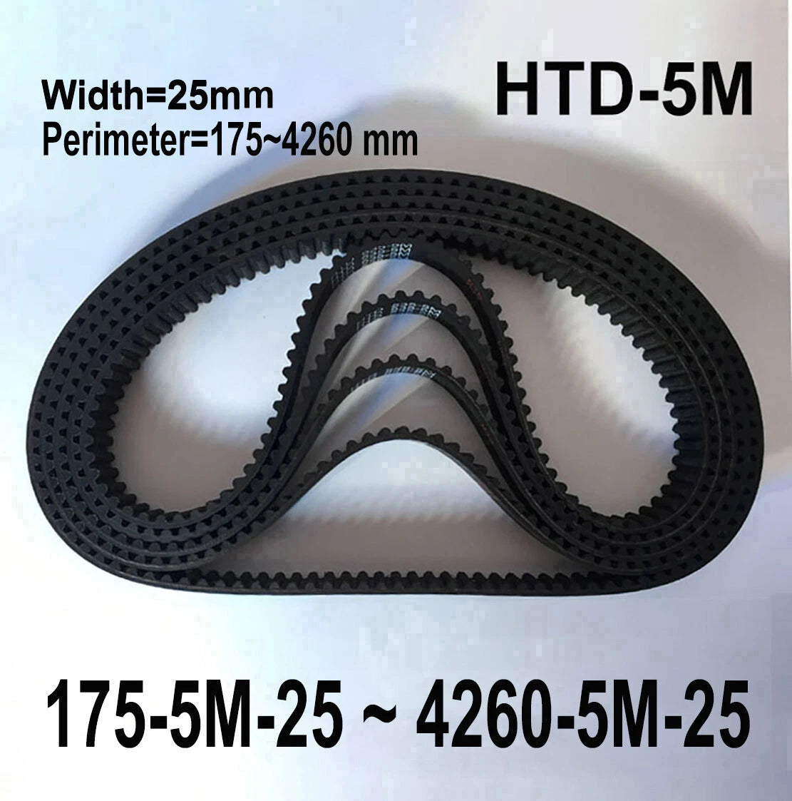 HTD-5M Closed Loop Timing Belt 25mm Wide — Perimeter 175mm to 4260mm