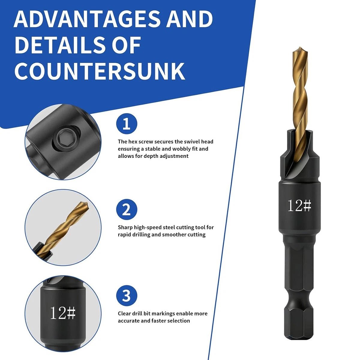 5Pcs HSS Countersink Drill Bit Set – 1/4" Hex Shank, Self - Centering Pilot Holes for Wood & Plastic (5 6 8 10 12 14) - HomeDIYer