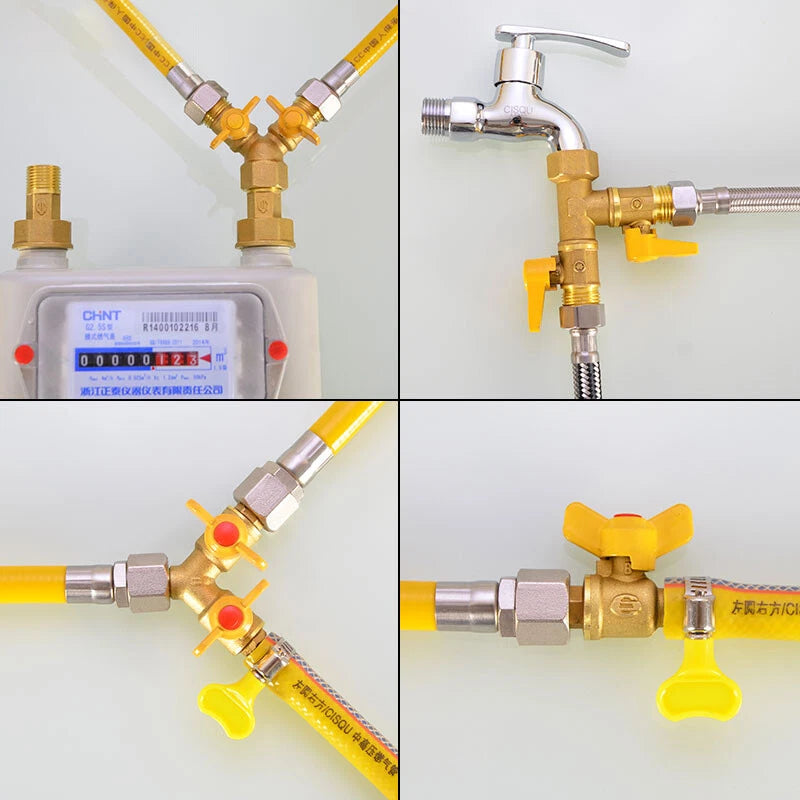 1/2" Brass 3-Way Ball Valve — Shut-Off Pipe Fitting with M1/2" & Hose Barb Ends