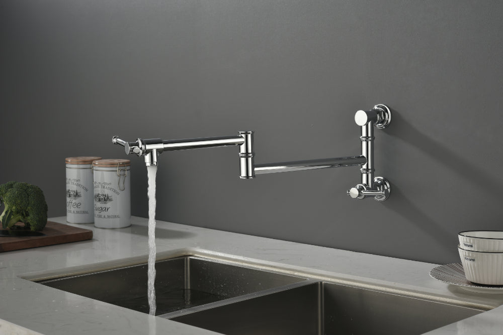 Wall Mounted Pot Filler Faucet – Chrome, Two-Attachment Folding Swing Arm, Dual Handle, Solid Brass