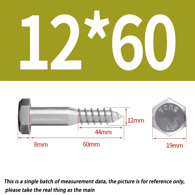 M12 A2 Stainless Steel Hex Head Lag Bolts – DIN571 Wood Screw, Multiple Lengths & Quantities