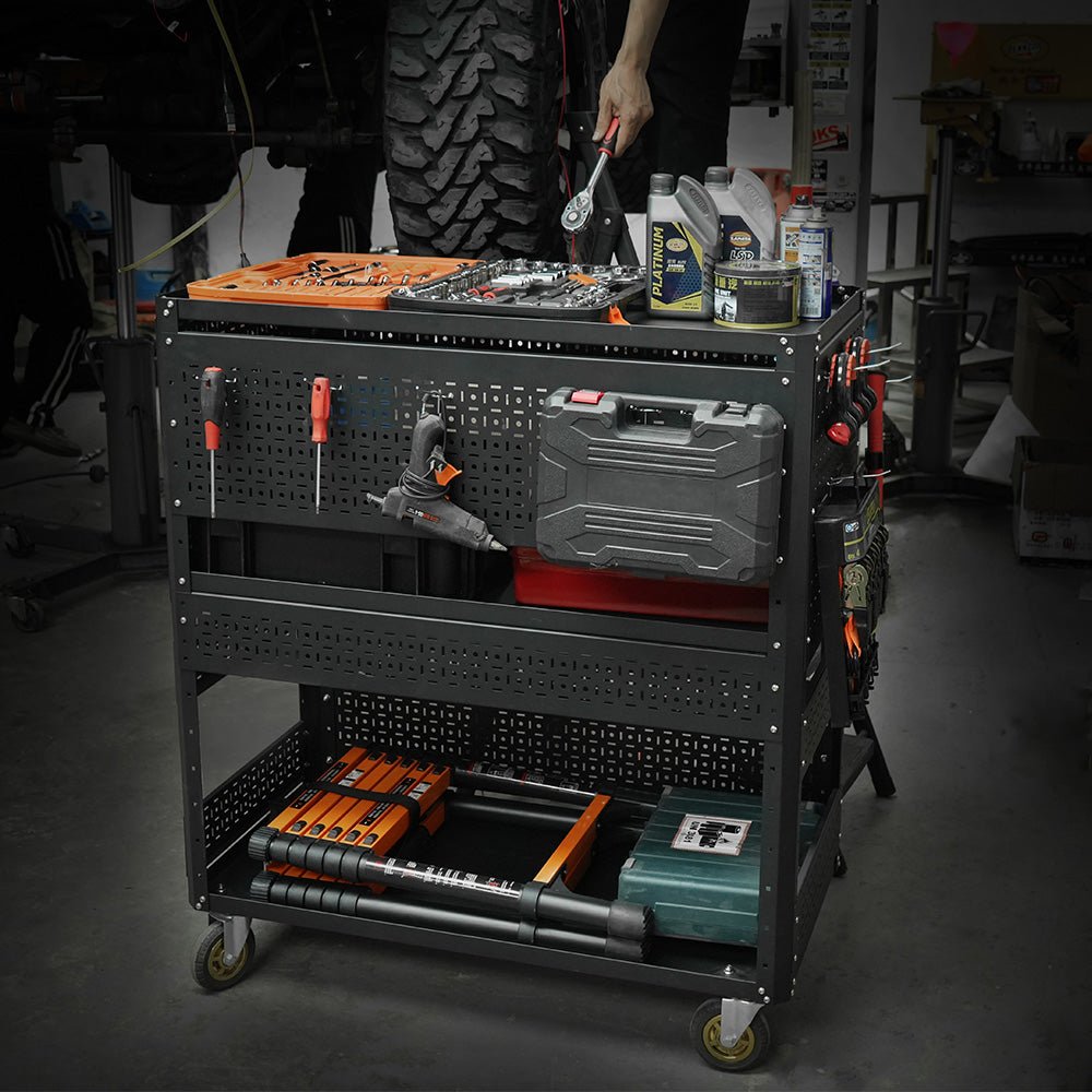 3 - Tier DIY Detachable Utility Cart Storage Tool Cart With Steel Pegboard, Foldable Rolling Tool Cart with Wheels For Garage Organizer and Tool Storage - HomeDIYer