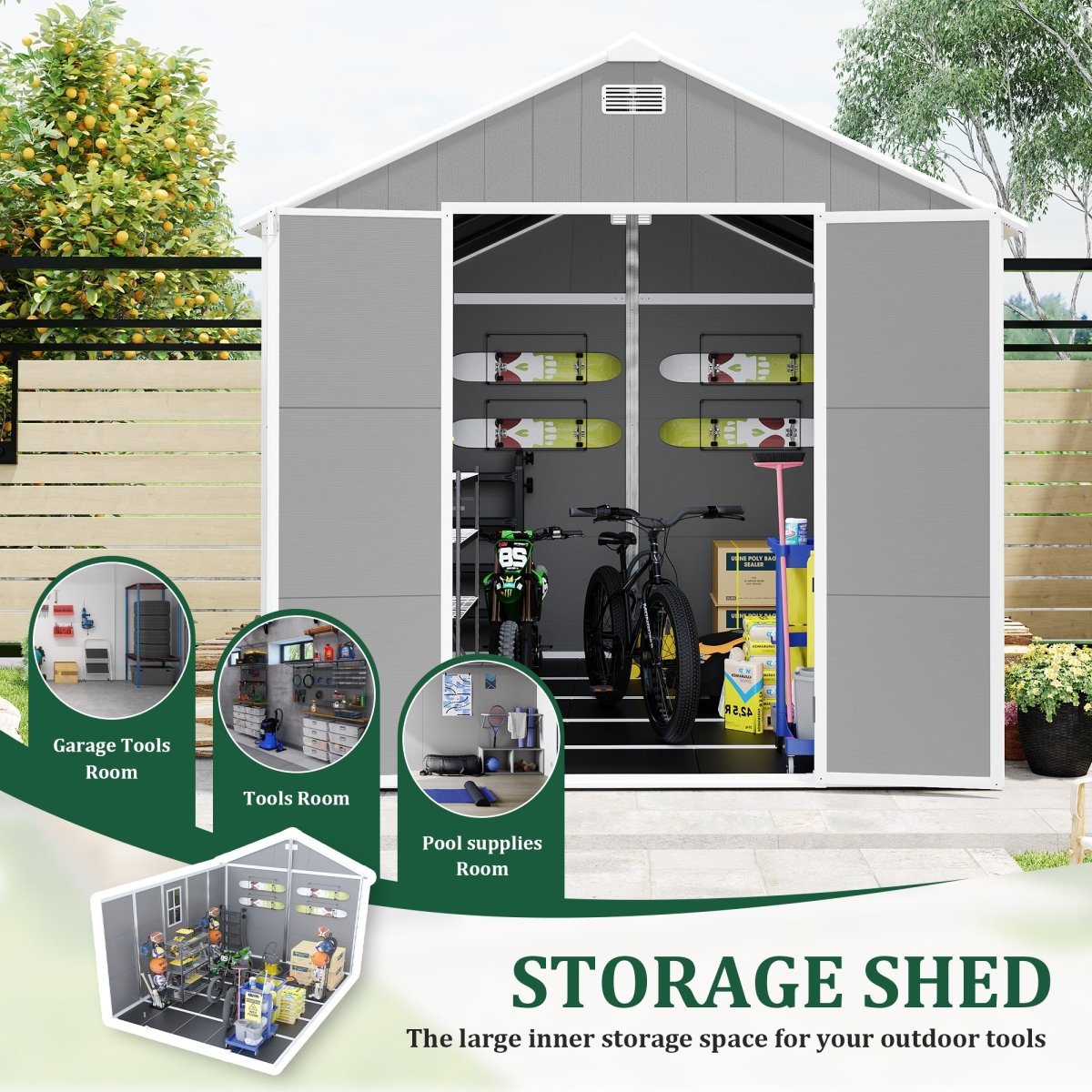 8*10 ft Resin Storage Shed, High Quality Pp Material, Strong Structure, Waterproof, Rust And Uv Proof, Large Storage Space, 12mm Thick Pp Board, Hd Window Lighting - HomeDIYer
