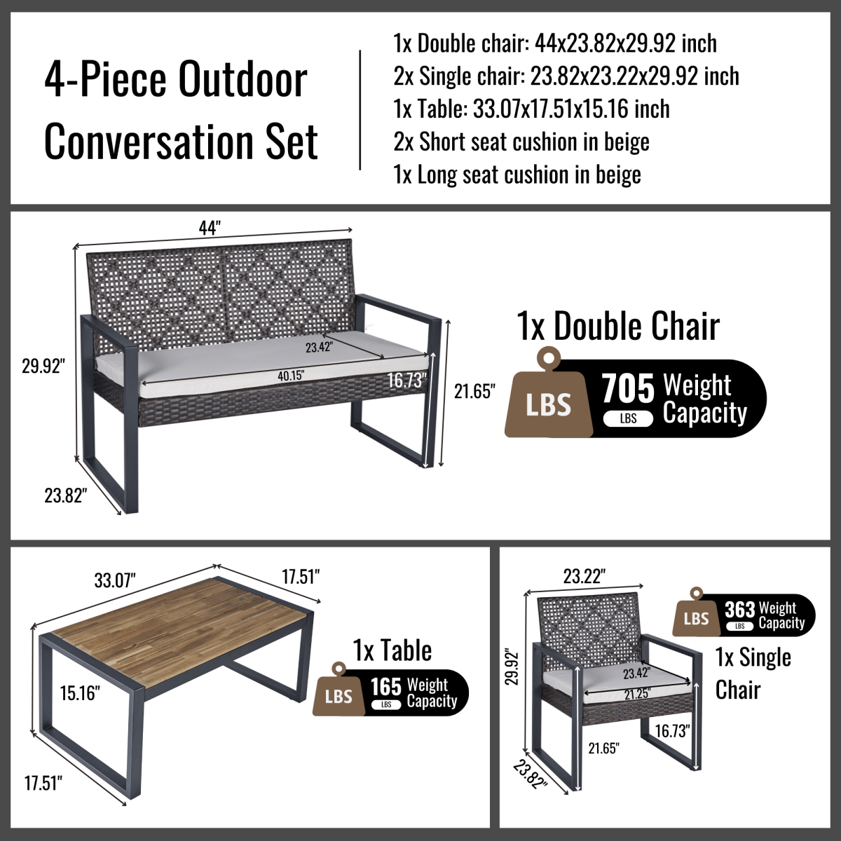 4 - Piece Patio Furniture Set Outdoor Balcony Porch Garden Backyard Lawn Furniture Acacia Wood Table Top, Morden Brown and Beige Cushion - HomeDIYer