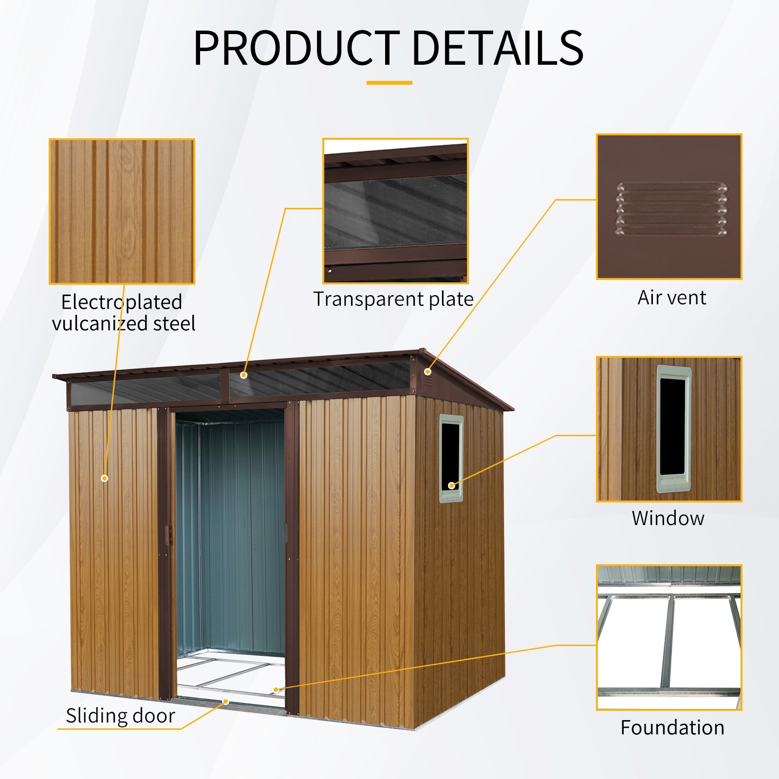 8 ft x 6 ft Outdoor Metal Storage Shed with Window and Transparent plate for Garden, Lawn (Coffee)