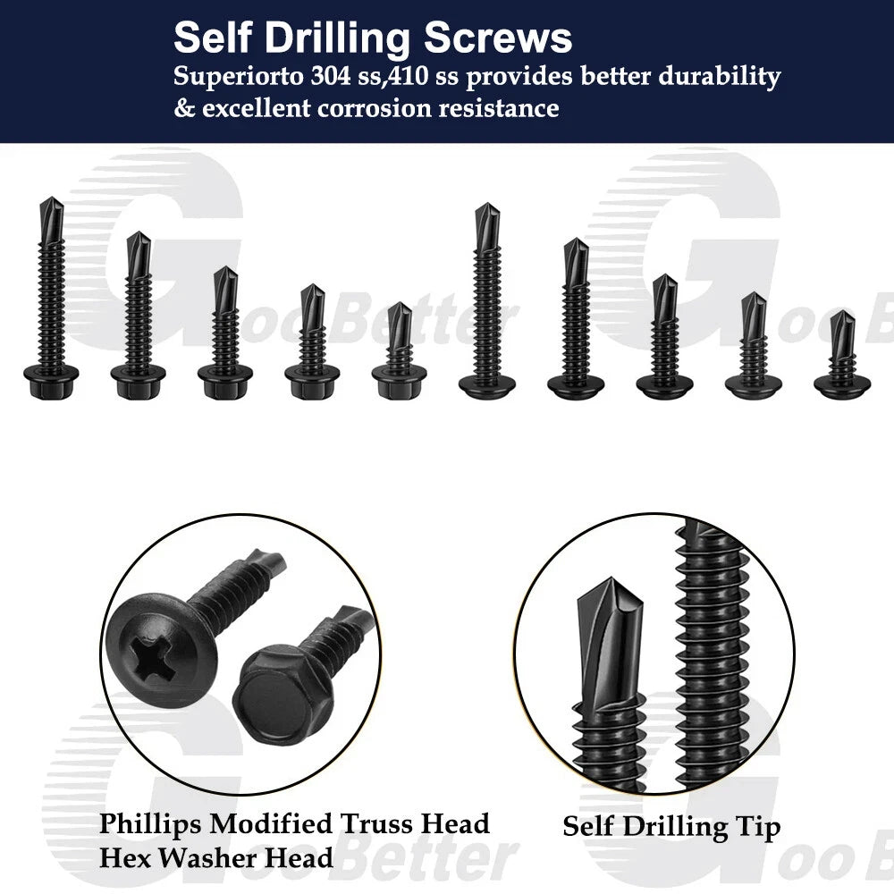370pcs #8 Hex Washer & Truss Head Self‑Drilling Screws – 410 Stainless Steel, Black Oxide
