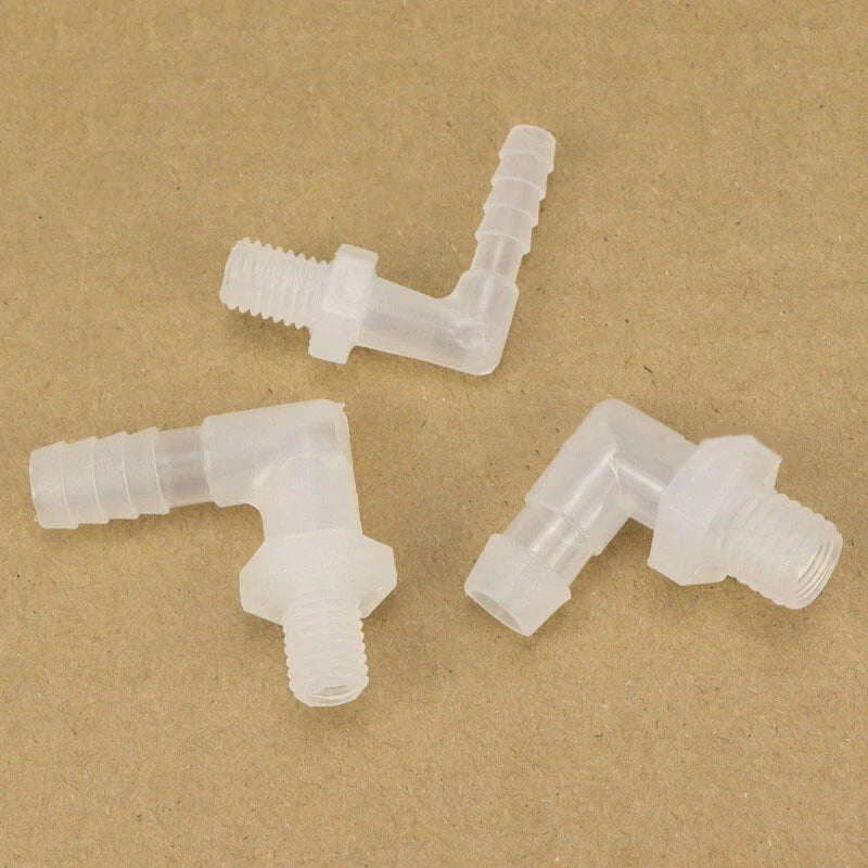90° Elbow Hose Barb Fitting with External Thread — Plastic Tube Connector M5 to M12