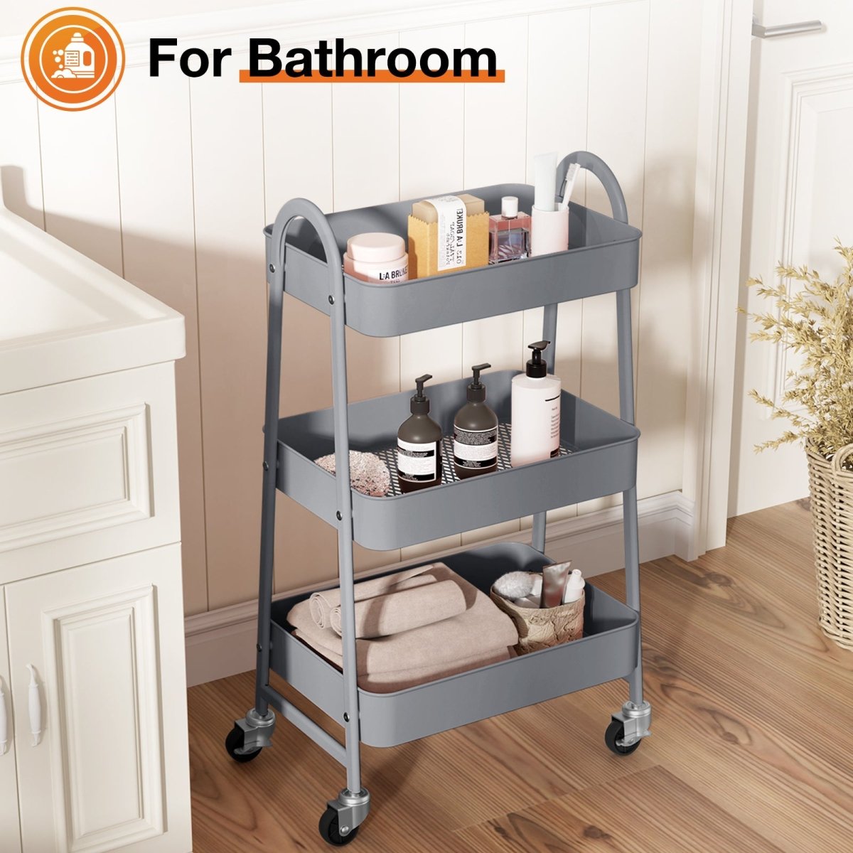 Gray 3 Tier Small Rolling Cart, Metal Utility Storage Organizer Kitchen Trolley Bathroom Laundry Room Bar Office Shelves - HomeDIYer