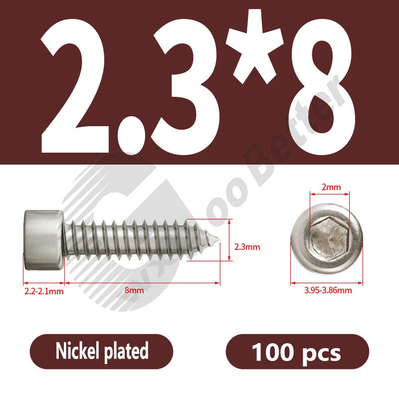 M1.7 M2 M2.3 M2.6 M3 M3.5 M4 M5 M6 Socket Head Self‑Tapping Screws – Alloy Steel, Nickel or Black Zinc