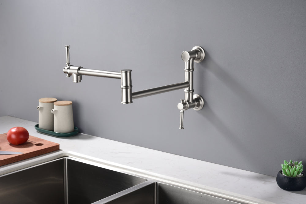 Wall Mounted Pot Filler Faucet โ Brushed Nickel, Two-Attachment Folding Swing Arm, Dual Handle, Solid Brass