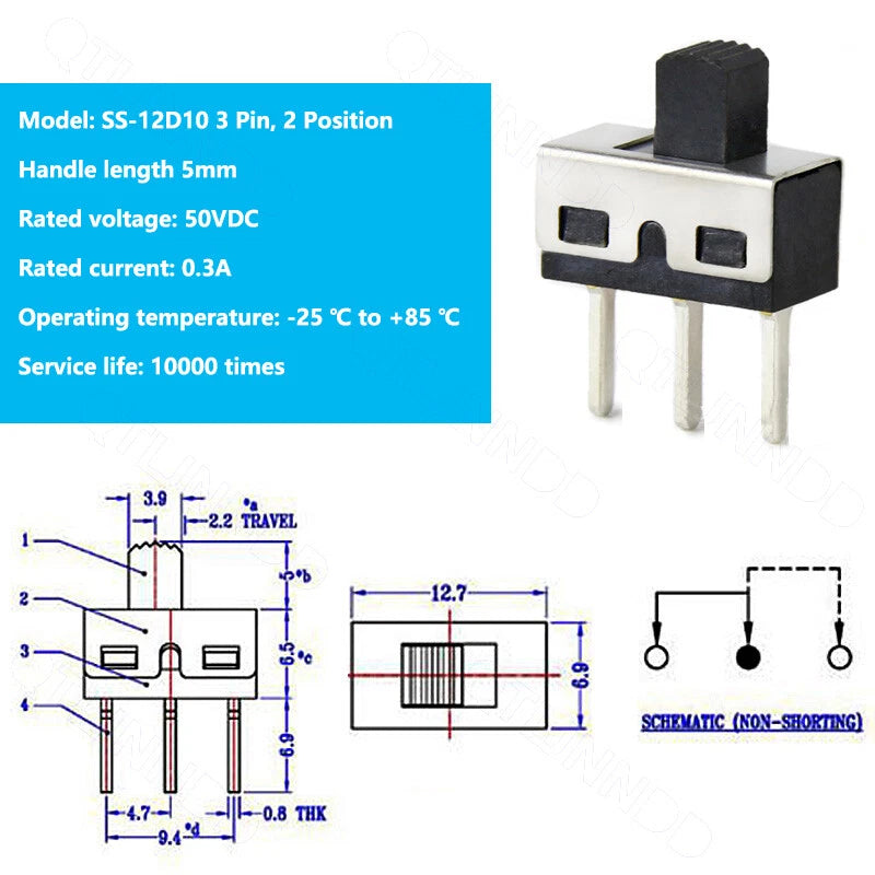 SS-12 Mini Slide Toggle Switch SPDT 3-Pin 2-Position SMD 50VDC 0.3A (SS-12D06 / SS-12D07 / SS-12D10)