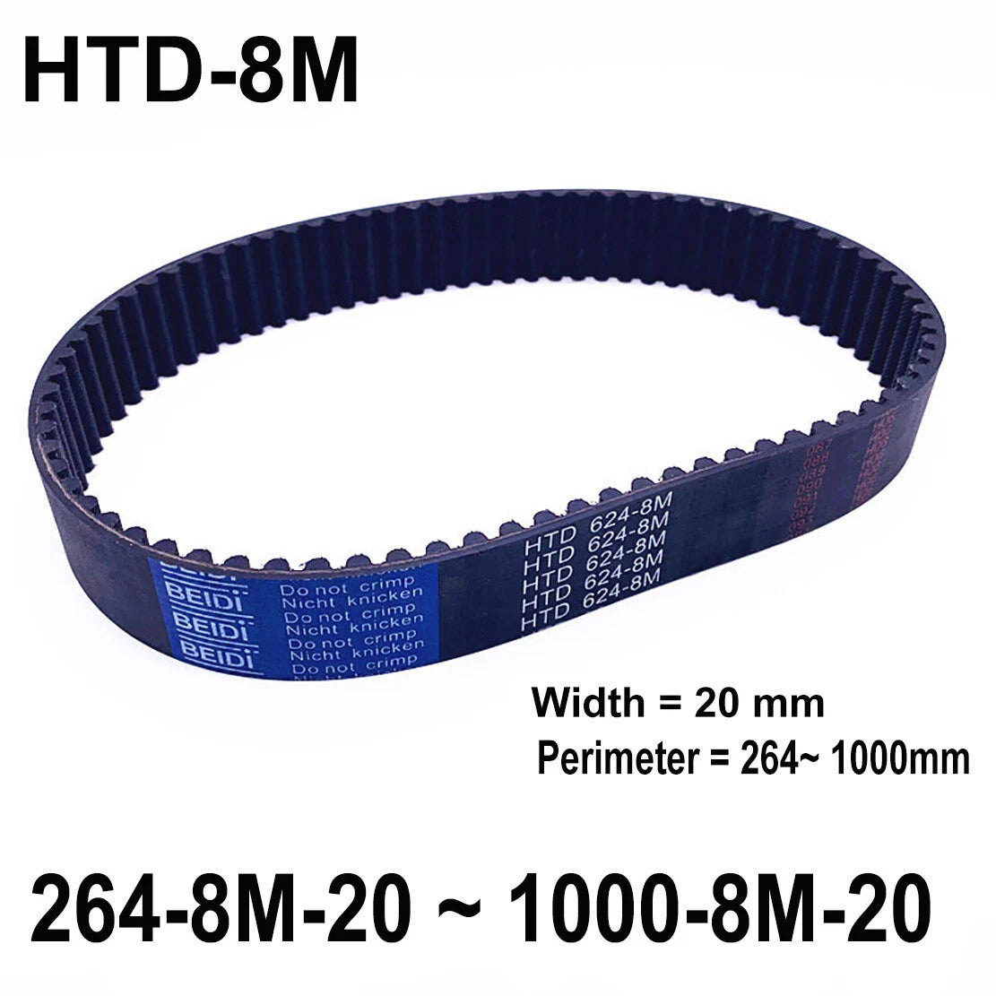 HTD 8M Timing Belt 20mm Wide – Closed Loop Synchronous, 264mm to 1000mm