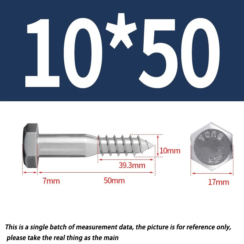 M10 10mm A2 STAINLESS STEEL SCREWS HEX HEAD LAG BOLTS WOOD SCREW BOLT DIN571