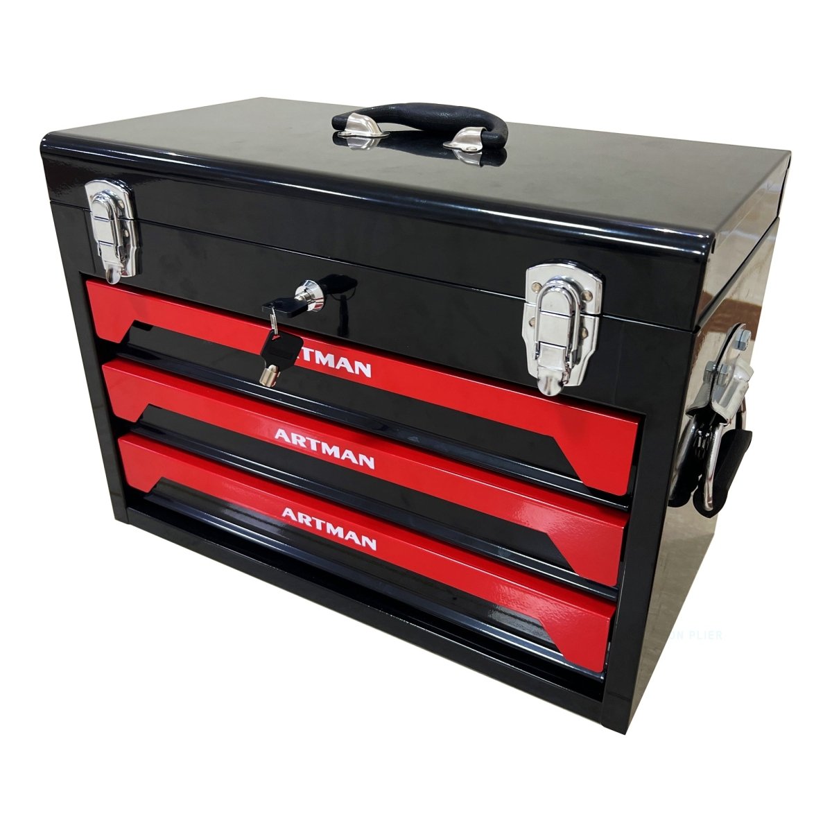 20'' Portable 3 - Drawer Steel Toolbox, 4 Layers of Tools with Metal Latches, with Top Storage Tray and carrying Handle, Multi - Function Tool Storage for Garage, Home, or Workbench ,Black&Red - HomeDIYer