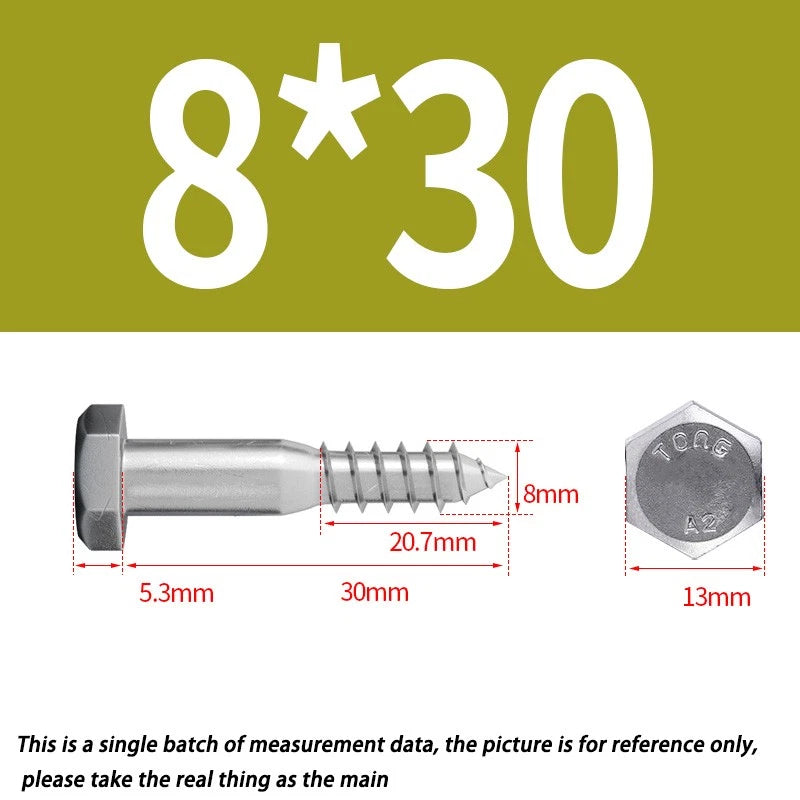 8mm M8 A2 STAINLESS STEEL SCREWS HEX HEAD LAG BOLTS WOOD SCREW BOLT DIN571